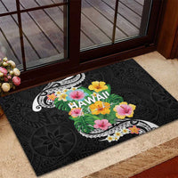 Hawaii Aloha Tropical Leaves and Flower Rubber Doormat with Polynesian Art Tattoo Black Color - Polynesian Pride