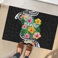 Hawaii Aloha Tropical Leaves and Flower Rubber Doormat with Polynesian Art Tattoo Black Color - Polynesian Pride