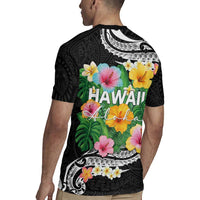 Hawaii Aloha Tropical Leaves and Flower Rugby Jersey with Polynesian Art Tattoo Black Color - Polynesian Pride