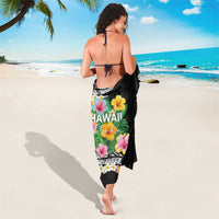 Hawaii Aloha Tropical Leaves and Flower Sarong with Polynesian Art Tattoo Black Color - Polynesian Pride