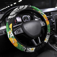Hawaii Aloha Tropical Leaves and Flower Steering Wheel Cover with Polynesian Art Tattoo Black Color - Polynesian Pride
