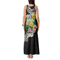 Hawaii Aloha Tropical Leaves and Flower Tank Maxi Dress with Polynesian Art Tattoo Black Color - Polynesian Pride