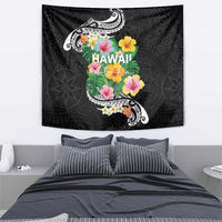 Hawaii Aloha Tropical Leaves and Flower Tapestry with Polynesian Art Tattoo Black Color - Polynesian Pride