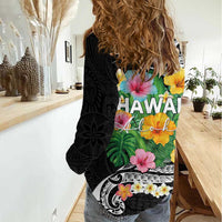 Hawaii Aloha Tropical Leaves and Flower Women Casual Shirt with Polynesian Art Tattoo Black Color - Polynesian Pride