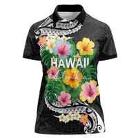 Hawaii Aloha Tropical Leaves and Flower Women Polo Shirt with Polynesian Art Tattoo Black Color - Polynesian Pride