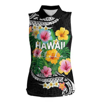 Hawaii Aloha Tropical Leaves and Flower Women Sleeveless Polo Shirt with Polynesian Art Tattoo Black Color - Polynesian Pride