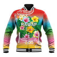 Hawaii Aloha Tropical Leaves and Flower Baseball Jacket with Polynesian Art Tattoo Rainbow Color - Polynesian Pride