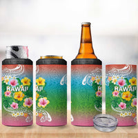 Hawaii Aloha Tropical Leaves and Flower 4 in 1 Can Cooler Tumbler with Polynesian Art Tattoo Rainbow Color - Polynesian Pride