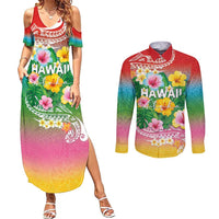 Hawaii Aloha Tropical Leaves and Flower Couples Matching Summer Maxi Dress and Long Sleeve Button Shirt with Polynesian Art Tattoo Rainbow Color - Polynesian Pride