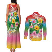 Hawaii Aloha Tropical Leaves and Flower Couples Matching Tank Maxi Dress and Long Sleeve Button Shirt with Polynesian Art Tattoo Rainbow Color - Polynesian Pride