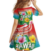 Hawaii Aloha Tropical Leaves and Flower Family Matching Mermaid Dress and Hawaiian Shirt with Polynesian Art Tattoo Rainbow Color - Polynesian Pride