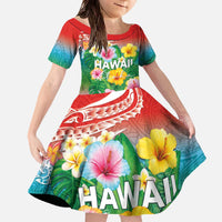 Hawaii Aloha Tropical Leaves and Flower Family Matching Off The Shoulder Long Sleeve Dress and Hawaiian Shirt with Polynesian Art Tattoo Rainbow Color - Polynesian Pride