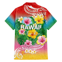 Hawaii Aloha Tropical Leaves and Flower Family Matching Off Shoulder Short Dress and Hawaiian Shirt with Polynesian Art Tattoo Rainbow Color - Polynesian Pride