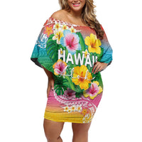 Hawaii Aloha Tropical Leaves and Flower Family Matching Off Shoulder Short Dress and Hawaiian Shirt with Polynesian Art Tattoo Rainbow Color - Polynesian Pride