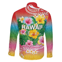 Hawaii Aloha Tropical Leaves and Flower Family Matching Puletasi and Hawaiian Shirt with Polynesian Art Tattoo Rainbow Color - Polynesian Pride