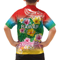 Hawaii Aloha Tropical Leaves and Flower Family Matching Short Sleeve Bodycon Dress and Hawaiian Shirt with Polynesian Art Tattoo Rainbow Color - Polynesian Pride