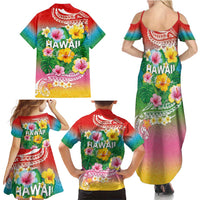 Hawaii Aloha Tropical Leaves and Flower Family Matching Summer Maxi Dress and Hawaiian Shirt with Polynesian Art Tattoo Rainbow Color - Polynesian Pride