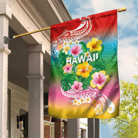 Hawaii Aloha Tropical Leaves and Flower Garden Flag with Polynesian Art Tattoo Rainbow Color - Polynesian Pride