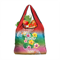 Hawaii Aloha Tropical Leaves and Flower Grocery Bag with Polynesian Art Tattoo Rainbow Color - Polynesian Pride