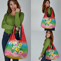 Hawaii Aloha Tropical Leaves and Flower Grocery Bag with Polynesian Art Tattoo Rainbow Color - Polynesian Pride