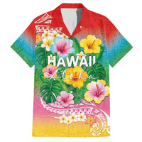 Hawaii Aloha Tropical Leaves and Flower Hawaiian Shirt with Polynesian Art Tattoo Rainbow Color - Polynesian Pride