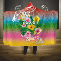 Hawaii Aloha Tropical Leaves and Flower Hooded Blanket with Polynesian Art Tattoo Rainbow Color LT03 - Polynesian Pride