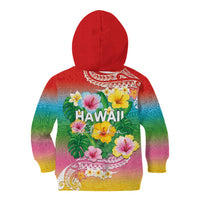 Hawaii Aloha Tropical Leaves and Flower Kid Hoodie with Polynesian Art Tattoo Rainbow Color - Polynesian Pride
