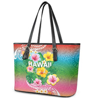 Hawaii Aloha Tropical Leaves and Flower Leather Tote Bag with Polynesian Art Tattoo Rainbow Color LT03 - Polynesian Pride