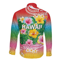 Hawaii Aloha Tropical Leaves and Flower Long Sleeve Button Shirt with Polynesian Art Tattoo Rainbow Color - Polynesian Pride