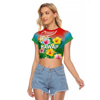 Hawaii Aloha Tropical Leaves and Flower Raglan Cropped T Shirt with Polynesian Art Tattoo Rainbow Color - Polynesian Pride