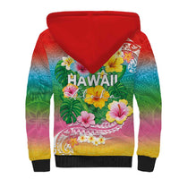 Hawaii Aloha Tropical Leaves and Flower Sherpa Hoodie with Polynesian Art Tattoo Rainbow Color LT03 - Polynesian Pride