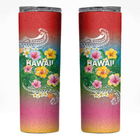 Hawaii Aloha Tropical Leaves and Flower Skinny Tumbler with Polynesian Art Tattoo Rainbow Color - Polynesian Pride