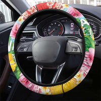 Hawaii Aloha Tropical Leaves and Flower Steering Wheel Cover with Polynesian Art Tattoo Rainbow Color - Polynesian Pride
