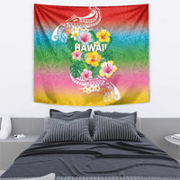 Hawaii Aloha Tropical Leaves and Flower Tapestry with Polynesian Art Tattoo Rainbow Color - Polynesian Pride