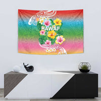 Hawaii Aloha Tropical Leaves and Flower Tapestry with Polynesian Art Tattoo Rainbow Color - Polynesian Pride