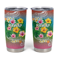 Hawaii Aloha Tropical Leaves and Flower Tumbler Cup with Polynesian Art Tattoo Rainbow Color - Polynesian Pride