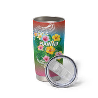 Hawaii Aloha Tropical Leaves and Flower Tumbler Cup with Polynesian Art Tattoo Rainbow Color - Polynesian Pride