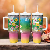 Hawaii Aloha Tropical Leaves and Flower Tumbler With Handle with Polynesian Art Tattoo Rainbow Color - Polynesian Pride