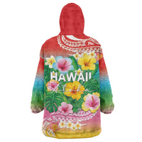 Hawaii Aloha Tropical Leaves and Flower Wearable Blanket Hoodie with Polynesian Art Tattoo Rainbow Color - Polynesian Pride