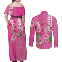 Hawaii Aloha Turtle Hibiscus and Leaves Couples Matching Off Shoulder Maxi Dress and Long Sleeve Button Shirt with Polynesian and Kakau Tattoos Rose Color - Polynesian Pride