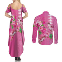 Hawaii Aloha Turtle Hibiscus and Leaves Couples Matching Summer Maxi Dress and Long Sleeve Button Shirt with Polynesian and Kakau Tattoos Rose Color - Polynesian Pride