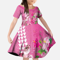 Hawaii Aloha Turtle Hibiscus and Leaves Kid Short Sleeve Dress with Polynesian and Kakau Tattoos Rose Color - Polynesian Pride