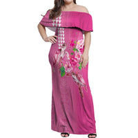 Hawaii Aloha Turtle Hibiscus and Leaves Off Shoulder Maxi Dress with Polynesian and Kakau Tattoos Rose Color - Polynesian Pride