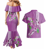Hawaii Aloha Turtle Hibiscus and Leaves Couples Matching Mermaid Dress and Hawaiian Shirt with Polynesian and Kakau Tattoos Lilac Color - Polynesian Pride