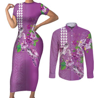 Hawaii Aloha Turtle Hibiscus and Leaves Couples Matching Short Sleeve Bodycon Dress and Long Sleeve Button Shirt with Polynesian and Kakau Tattoos Lilac Color - Polynesian Pride