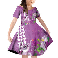Hawaii Aloha Turtle Hibiscus and Leaves Family Matching Off Shoulder Short Dress and Hawaiian Shirt with Polynesian and Kakau Tattoos Lilac Color - Polynesian Pride