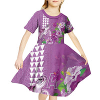 Hawaii Aloha Turtle Hibiscus and Leaves Kid Short Sleeve Dress with Polynesian and Kakau Tattoos Lilac Color - Polynesian Pride