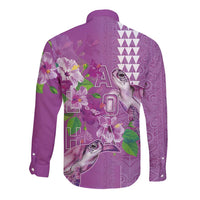Hawaii Aloha Turtle Hibiscus and Leaves Long Sleeve Button Shirt with Polynesian and Kakau Tattoos Lilac Color - Polynesian Pride