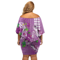 Hawaii Aloha Turtle Hibiscus and Leaves Off Shoulder Short Dress with Polynesian and Kakau Tattoos Lilac Color LT03 - Polynesian Pride