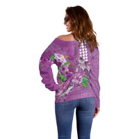 Hawaii Aloha Turtle Hibiscus and Leaves Off Shoulder Sweater with Polynesian and Kakau Tattoos Lilac Color - Polynesian Pride
